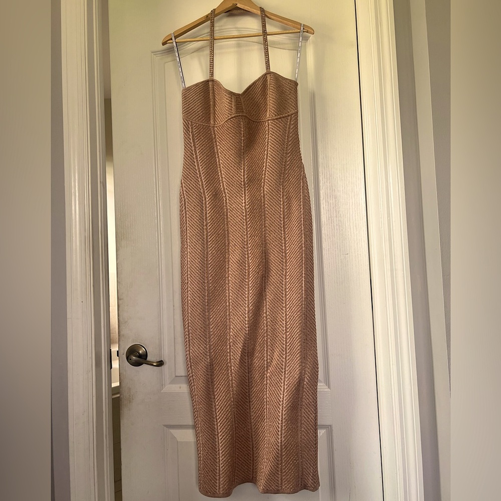 Herve Leger Midi Dress w/ Crystal Embellishment |Light Rose gold